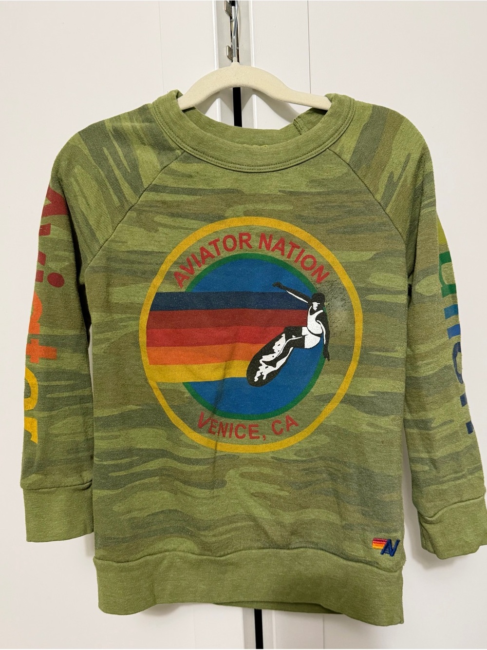 Aviator Nation Kids Olive Camo Sweatshirt with Rainbow Surf Logo